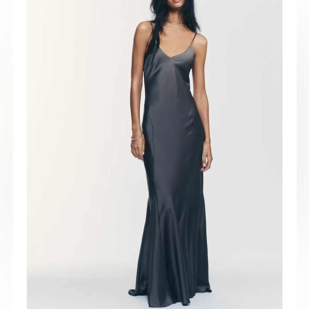 Zara Charcoal Gray Satin Slip Maxi Dress